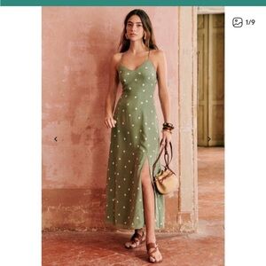 NWT SÉZANE HADI Midi DRESS Khaki/ Ecru Polka Dots GREEN silk SZ38 US6 waist 28